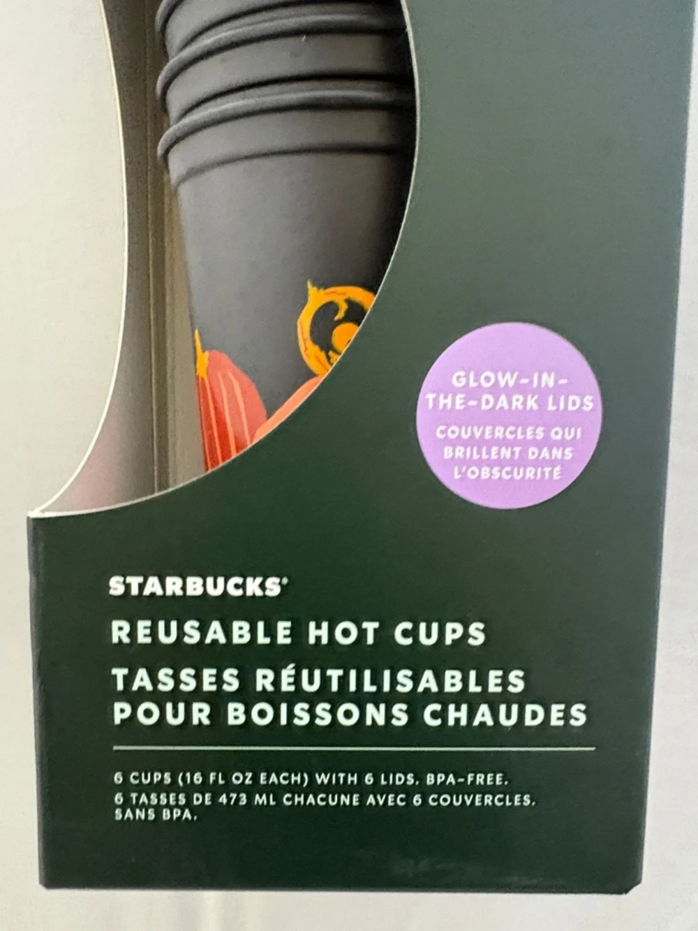 New Starbucks Gray Reusable Hot Cups with Pumpkin Accent 6 Cups Halloween